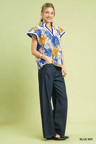 Umgee Floral Blouse with Contrast Trim