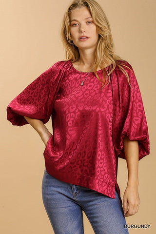 Satin Animal Print Puff Sleeve with Side Slits