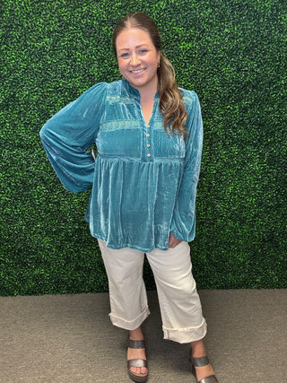 Teal Velvet Lace Trim Blouse by Easel
