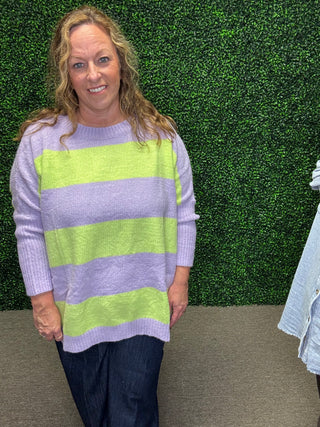 Easel Lavender and Lime Striped Oversized Sweater