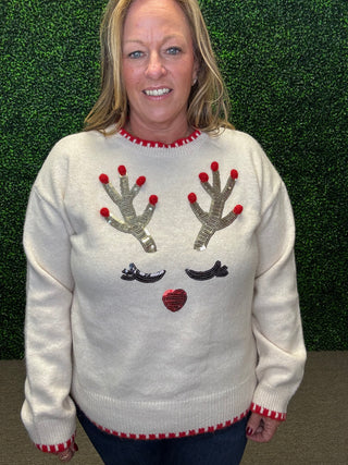 Sequin Reindeer Antler Sweater