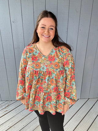 Long Puff Sleeve Waffle Floral Print Tiered Top