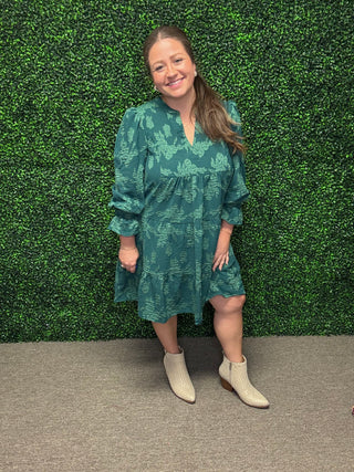 Green Jacquard Babydoll Dress-Umgee