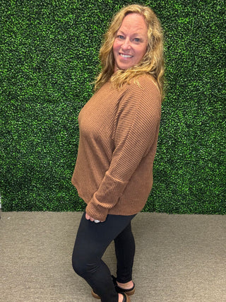 Ultra Soft Semi-Crop Brown Waffle Knit Top