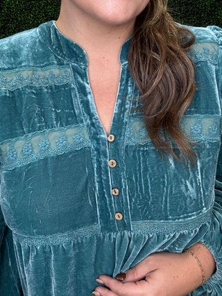 Teal Velvet Lace Trim Blouse by Easel
