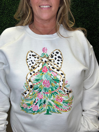 Holiday Tree Sweatshirt with Leopard Bow