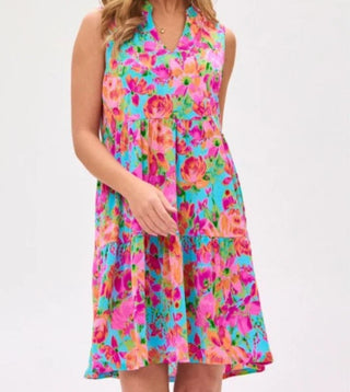 Tiered Lizzy Dress Aqua Pink Floral