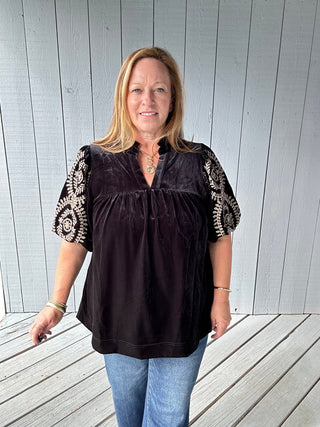 Velvet Embroidered Sleeve Top