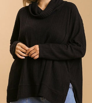 Ribbed cowl neck sweater with side slits