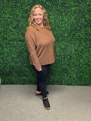 Ultra Soft Semi-Crop Brown Waffle Knit Top