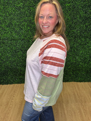 Easel Mixed Striped Washed Cotton Top