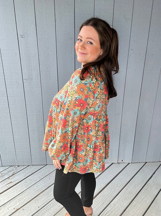 Long Puff Sleeve Waffle Floral Print Tiered Top