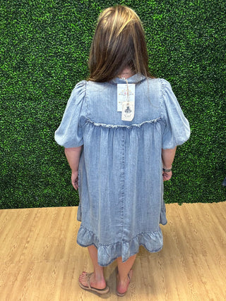 Easel Ruffle Bottom Chambray Dress