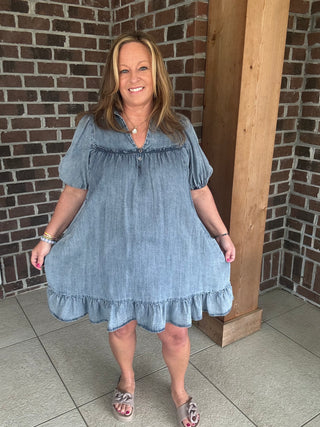 Easel Ruffle Bottom Chambray Dress