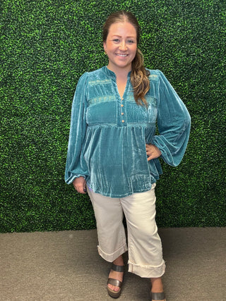 Teal Velvet Lace Trim Blouse by Easel