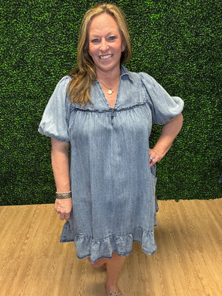 Easel Ruffle Bottom Chambray Dress
