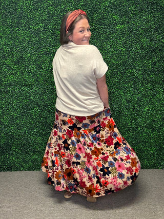 Floral Velvet Tiered Maxi Skirt