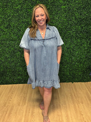 Easel Ruffle Bottom Chambray Dress