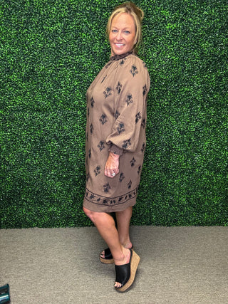 Brown Embroidered Mini Dress