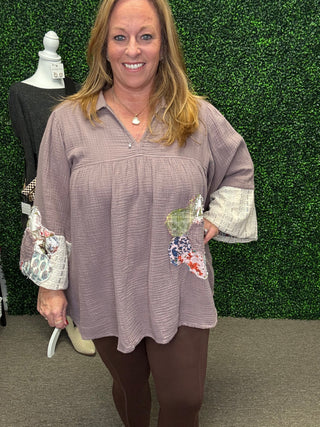 Easel Patch Detail Cotton Gauze Tunic Top
