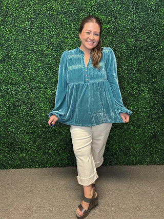 Teal Velvet Lace Trim Blouse by Easel