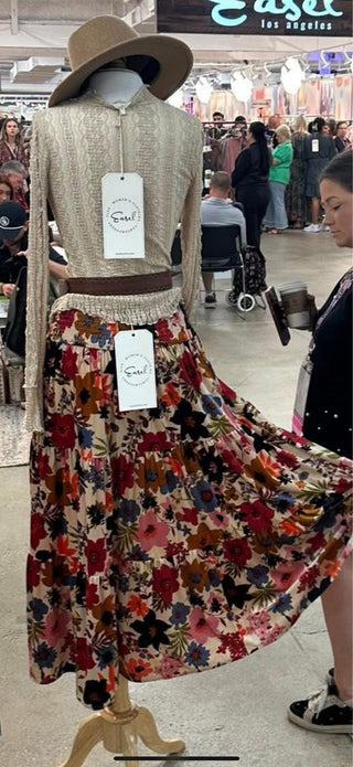 Floral Velvet Tiered Maxi Skirt