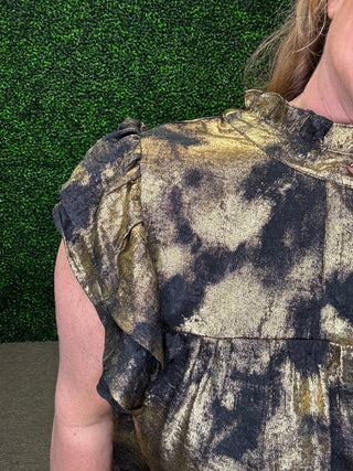 Black and Gold Flutter Sleeve Blouse-Oddi