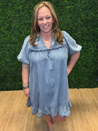 Easel Ruffle Bottom Chambray Dress