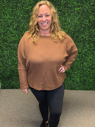 Ultra Soft Semi-Crop Brown Waffle Knit Top