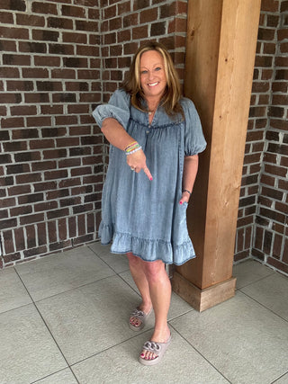 Easel Ruffle Bottom Chambray Dress