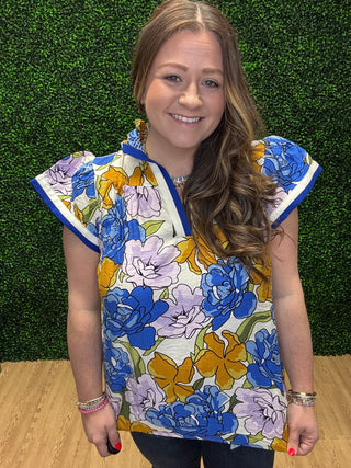 Umgee Floral Blouse with Contrast Trim