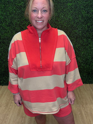 Coral & Sand Striped Half Zip Top-Stitch & Co.