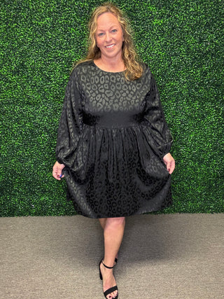 Animal Jacquard Print Long Sleeve Dress with Keyhole Back