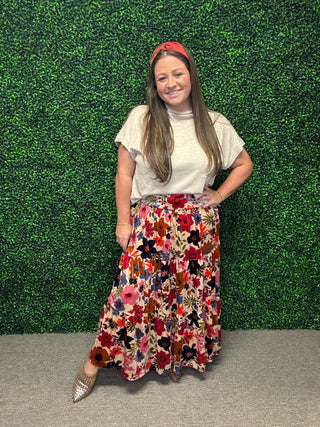 Floral Velvet Tiered Maxi Skirt