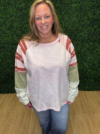 Easel Mixed Striped Washed Cotton Top