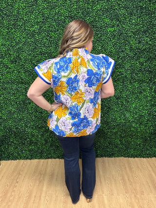 Umgee Floral Blouse with Contrast Trim