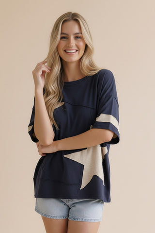 Haptics Navy Star Patchwork Top