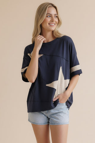 Haptics Navy Star Patchwork Top