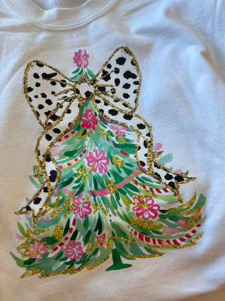 Holiday Tree Sweatshirt with Leopard Bow