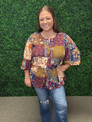 FLORAL PRINTED RAYON GAUZE PEPLUM TOP