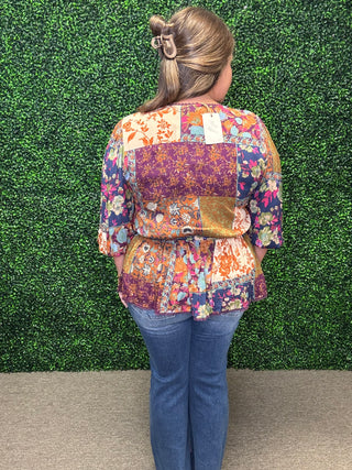 FLORAL PRINTED RAYON GAUZE PEPLUM TOP
