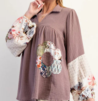 Easel Patch Detail Cotton Gauze Tunic Top