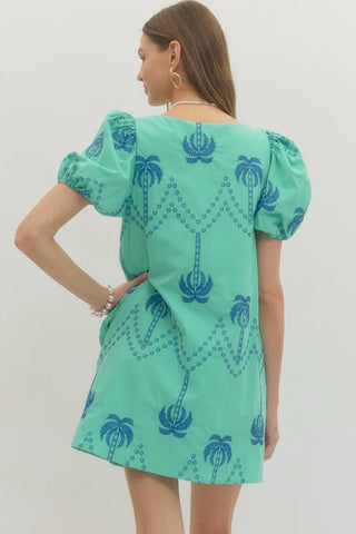 Entro Palm Tree Embroidered Puff Sleeve Dress