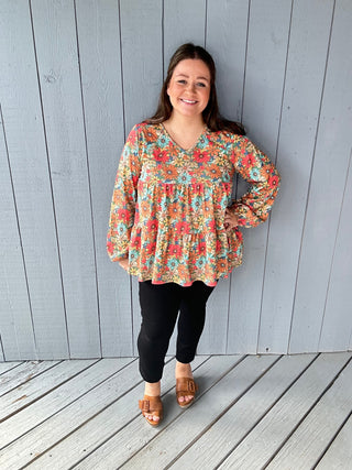 Long Puff Sleeve Waffle Floral Print Tiered Top