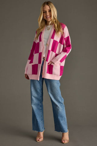 Pink Checkered Cardigan