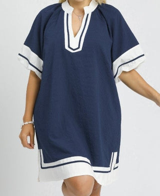 Textured Colorblock V Neck Mini Dress