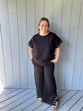 Gold Button Slit Hem Pant