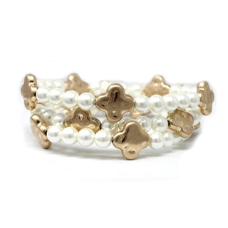 Pearl & Hammered Gold Clover Set of 3 Bracelet