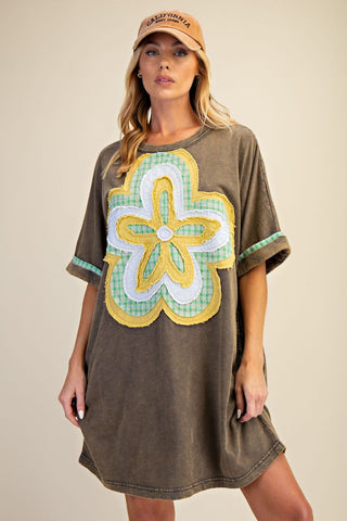 Easel Floral Patch Washed Cotton Dress