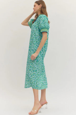 Entro Leopard Gingham Trim Midi Dress